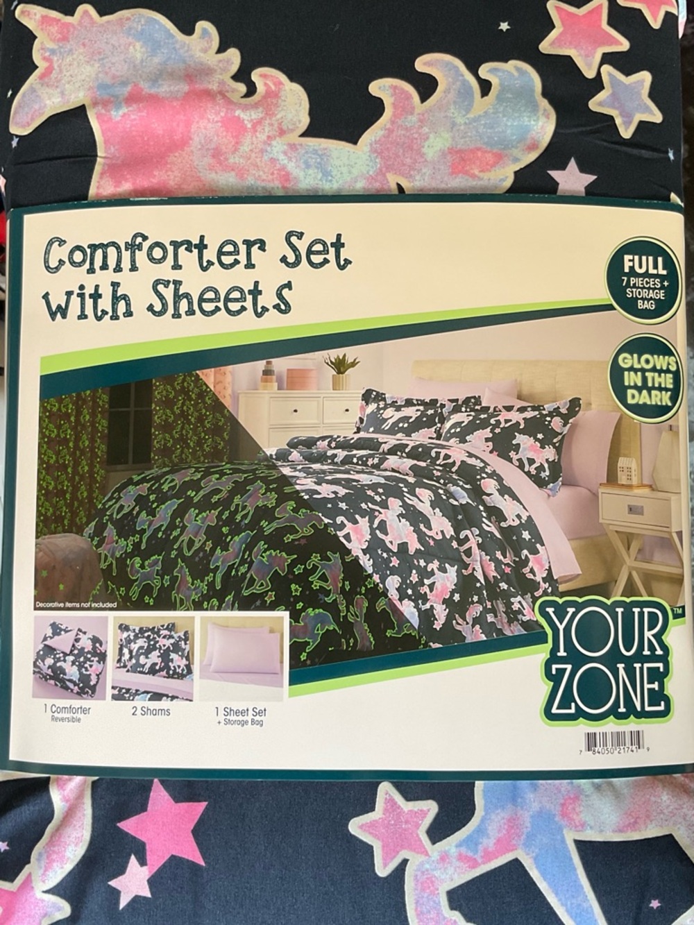 Full Size Glow-in-the-Dark Unicorn Comforter Set - Blue & Pink